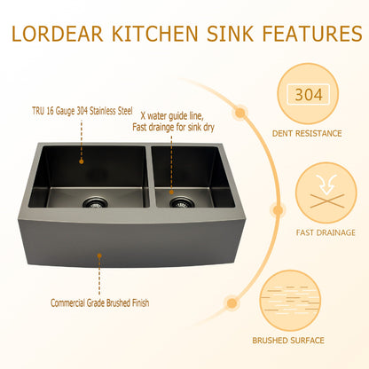Lordear 33" Stainless Steel Double Bowl Gunmetal Black Apron Front Farmhouse Kitchen Sink  from Lordear