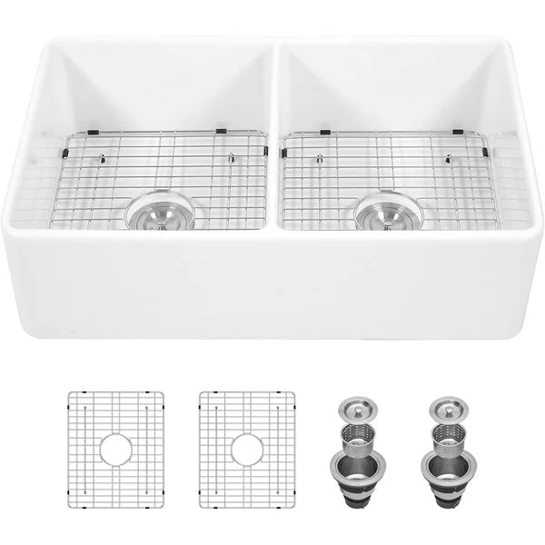 Lordear 33" x 20" White Ceramic Apron Front 50/50 Double Basin Farmhouse Kitchen Sink  from Lordear