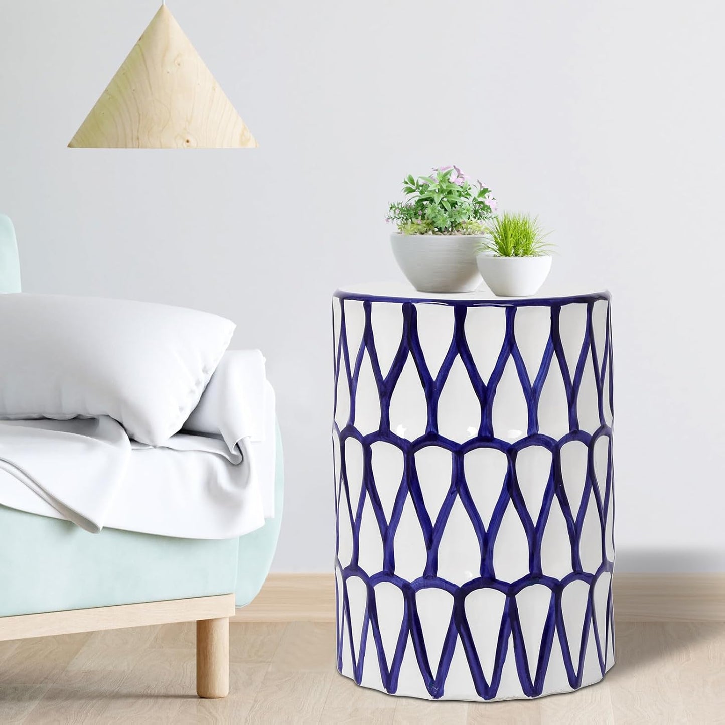 Lordear 17'' Ceramic Garden Stool Blue/White Drum Seat for Indoor Outdoor Patio, Spill-Proof Side Table, Plant Stand, Coastal Contemporary Decor  from Lordear