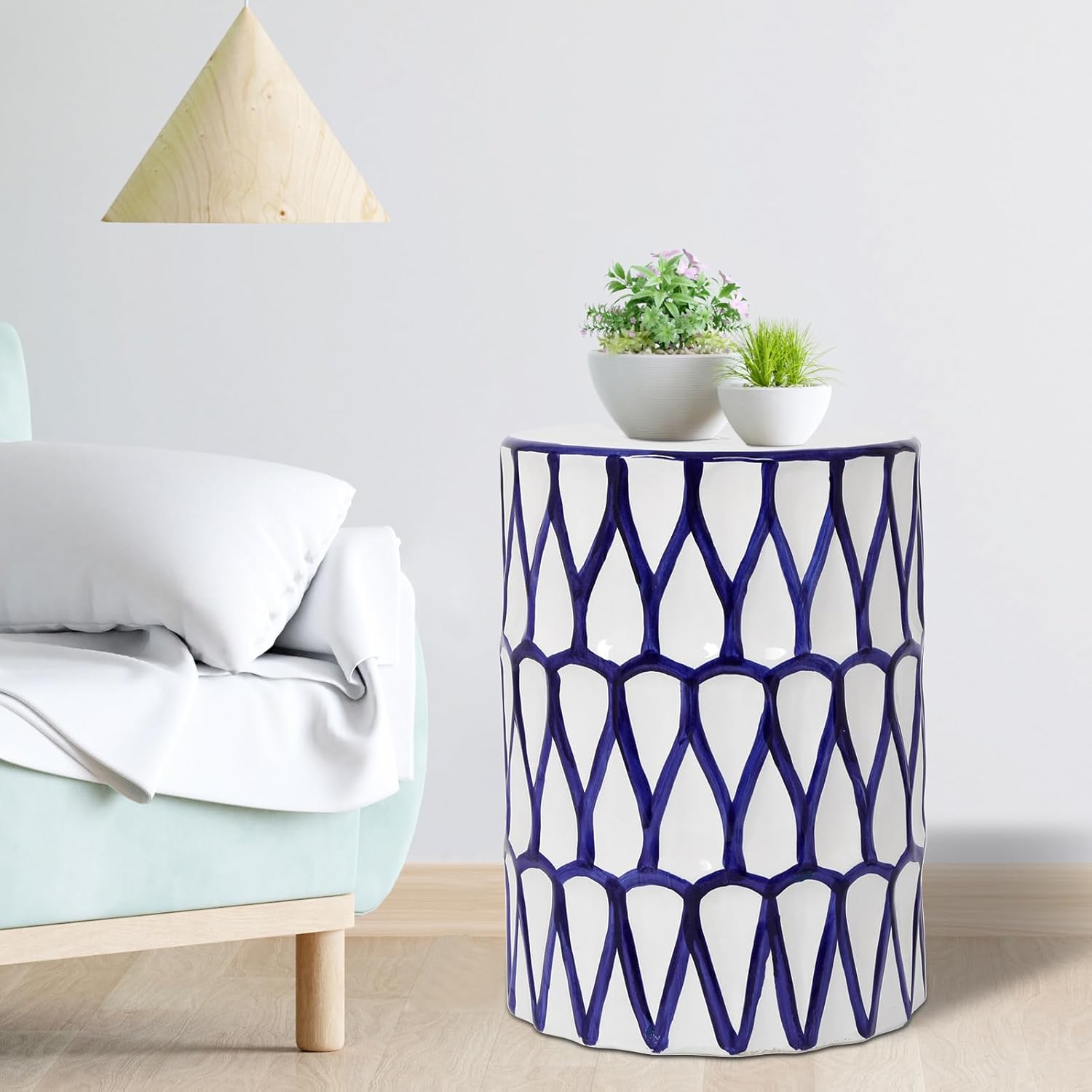 Lordear 17'' Ceramic Garden Stool Blue/White Drum Seat for Indoor Outdoor Patio, Spill-Proof Side Table, Plant Stand, Coastal Contemporary Decor  from Lordear