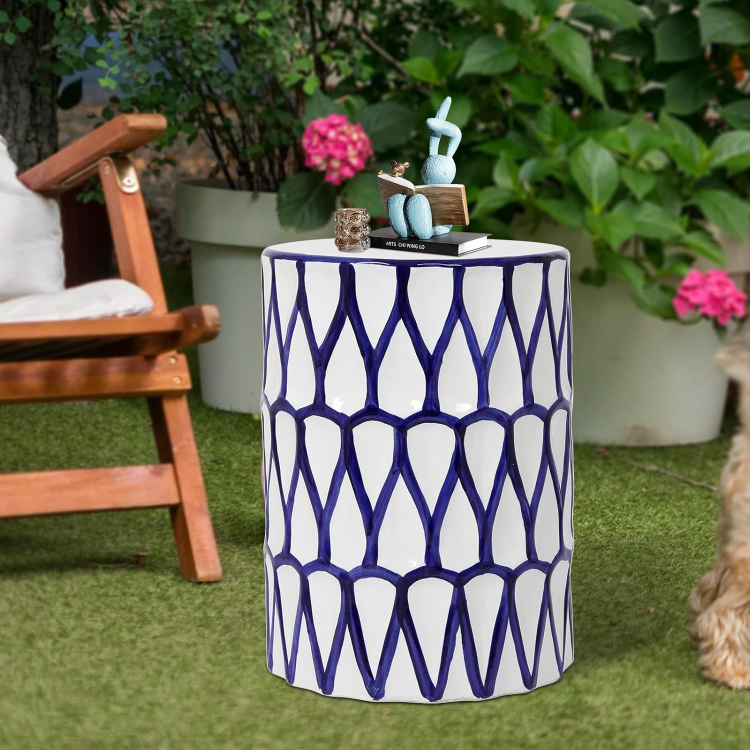 Lordear 17'' Ceramic Garden Stool Blue/White Drum Seat for Indoor Outdoor Patio, Spill-Proof Side Table, Plant Stand, Coastal Contemporary Decor  from Lordear