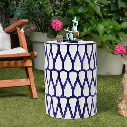 Lordear 17'' Ceramic Garden Stool Blue/White Drum Seat for Indoor Outdoor Patio, Spill-Proof Side Table, Plant Stand, Coastal Contemporary Decor  from Lordear