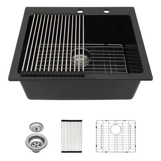 Lordear 25" x 22" Quartz Black Drop In Single Bowl Kitchen Sink  from Lordear