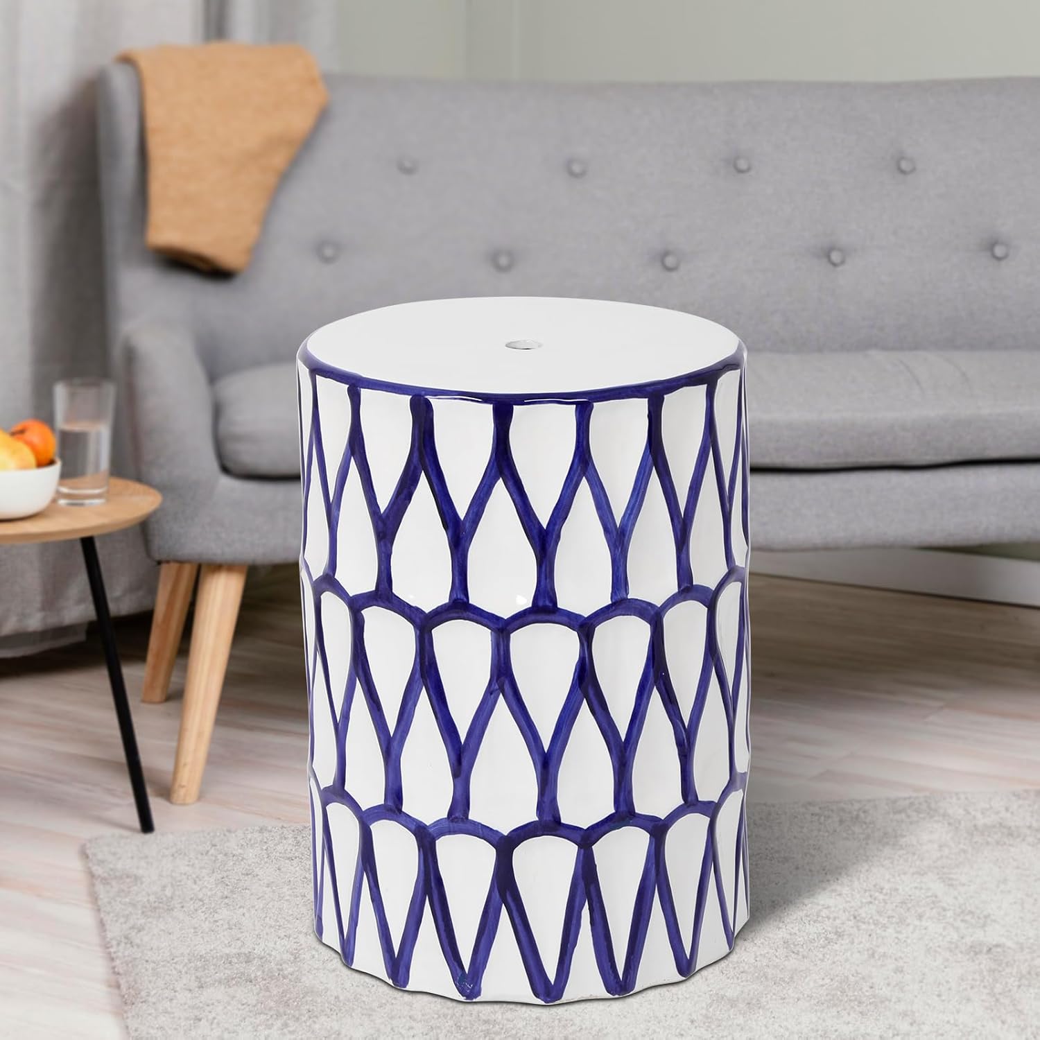 Lordear 17'' Ceramic Garden Stool Blue/White Drum Seat for Indoor Outdoor Patio, Spill-Proof Side Table, Plant Stand, Coastal Contemporary Decor  from Lordear