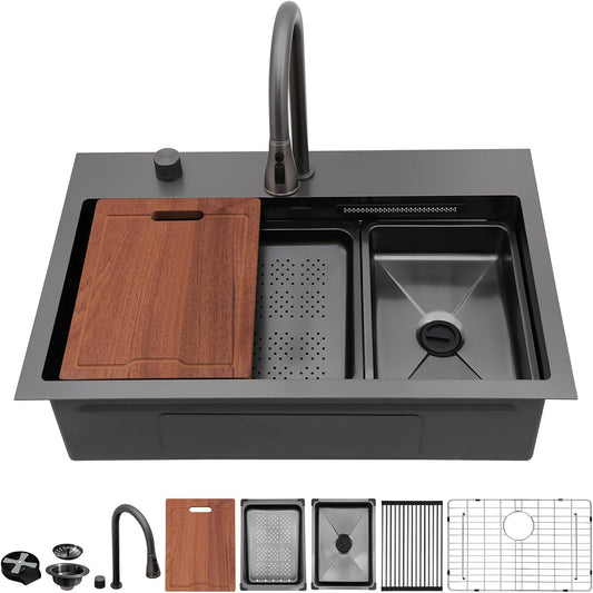 Lordear 31 Drop Kitchen Sink with Faucet Combo - 31''x20'' Waterfall Kitchen Sink Workstation Gunmetal 16 Gauge Single Bowl Topmount Handmade Sinks with Pull Out Faucet  from Lordear