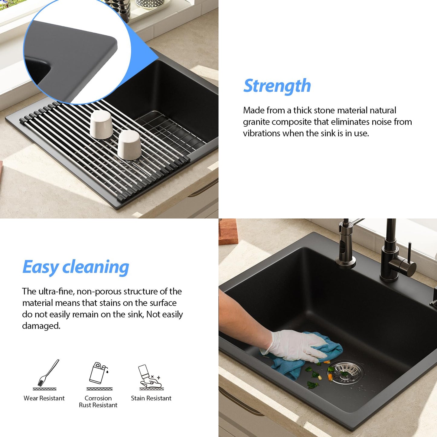 Lordear 25" x 22" Quartz Black Drop In Single Bowl Kitchen Sink  from Lordear