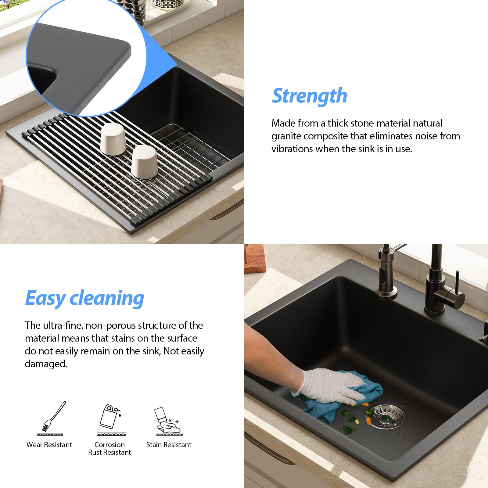 Lordear 25" x 22" Quartz Black Drop In Single Bowl Kitchen Sink  from Lordear