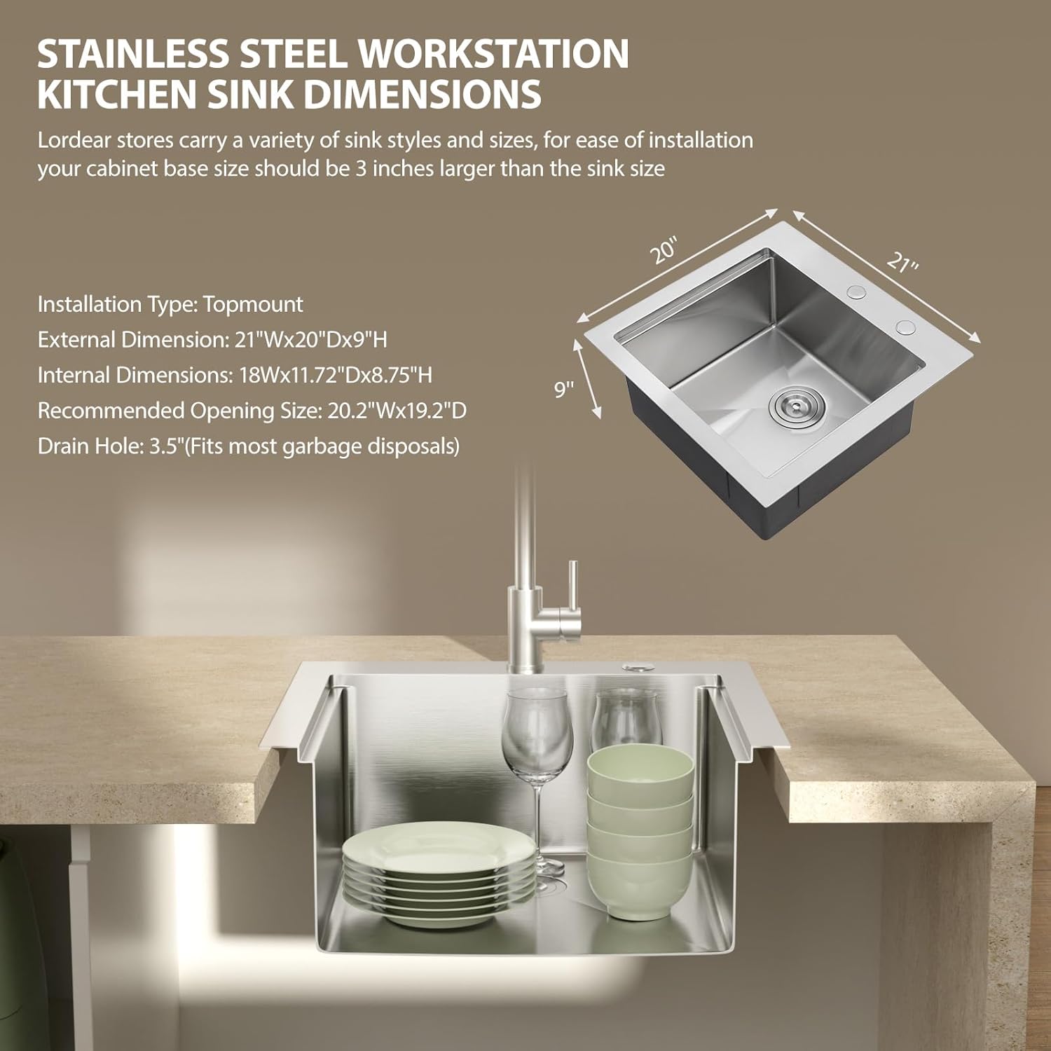 Lordear Drop In Outdoor Kitchen Sink Workstation with Pull-out Faucet 21'' x 20'' Bar Prep Sink 16 Gauge Stainless Steel Single Bowl Small Kitchen Camper Wet Bar Mobile Home RV Basin with Cover  from Lordear