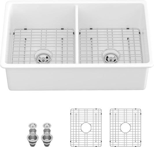 Lordear 32"x19" White Fireclay Porcelain Ceramic 50/50 Double Bowl Undermount Kitchen Sink  from Lordear