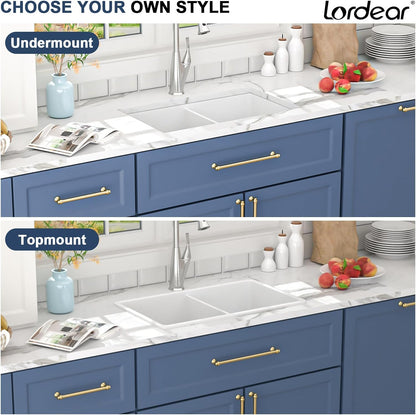 Lordear 32"x19" White Fireclay Porcelain Ceramic 50/50 Double Bowl Undermount Kitchen Sink  from Lordear