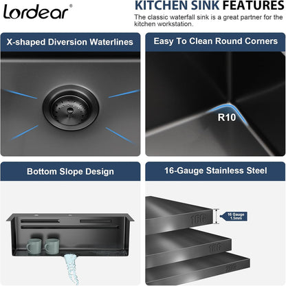 Lordear 31 Drop Kitchen Sink with Faucet Combo - 31''x20'' Waterfall Kitchen Sink Workstation Gunmetal 16 Gauge Single Bowl Topmount Handmade Sinks with Pull Out Faucet  from Lordear