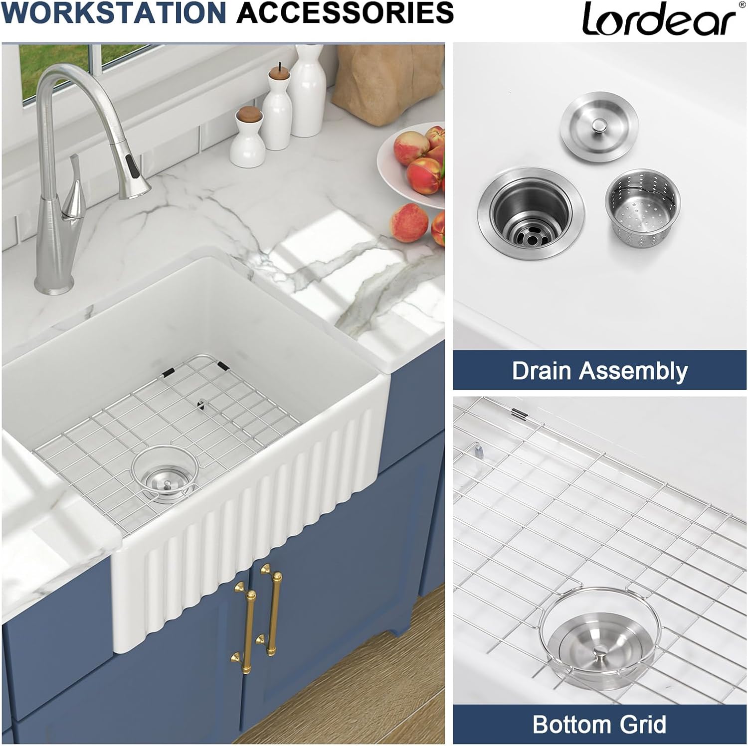 Lordear 24" x 18" White Ceramic Apron Front Single Bowl Farmhouse Kitchen Sink  from Lordear