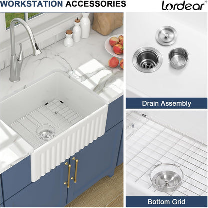 Lordear 24" x 18" White Ceramic Apron Front Single Bowl Farmhouse Kitchen Sink  from Lordear