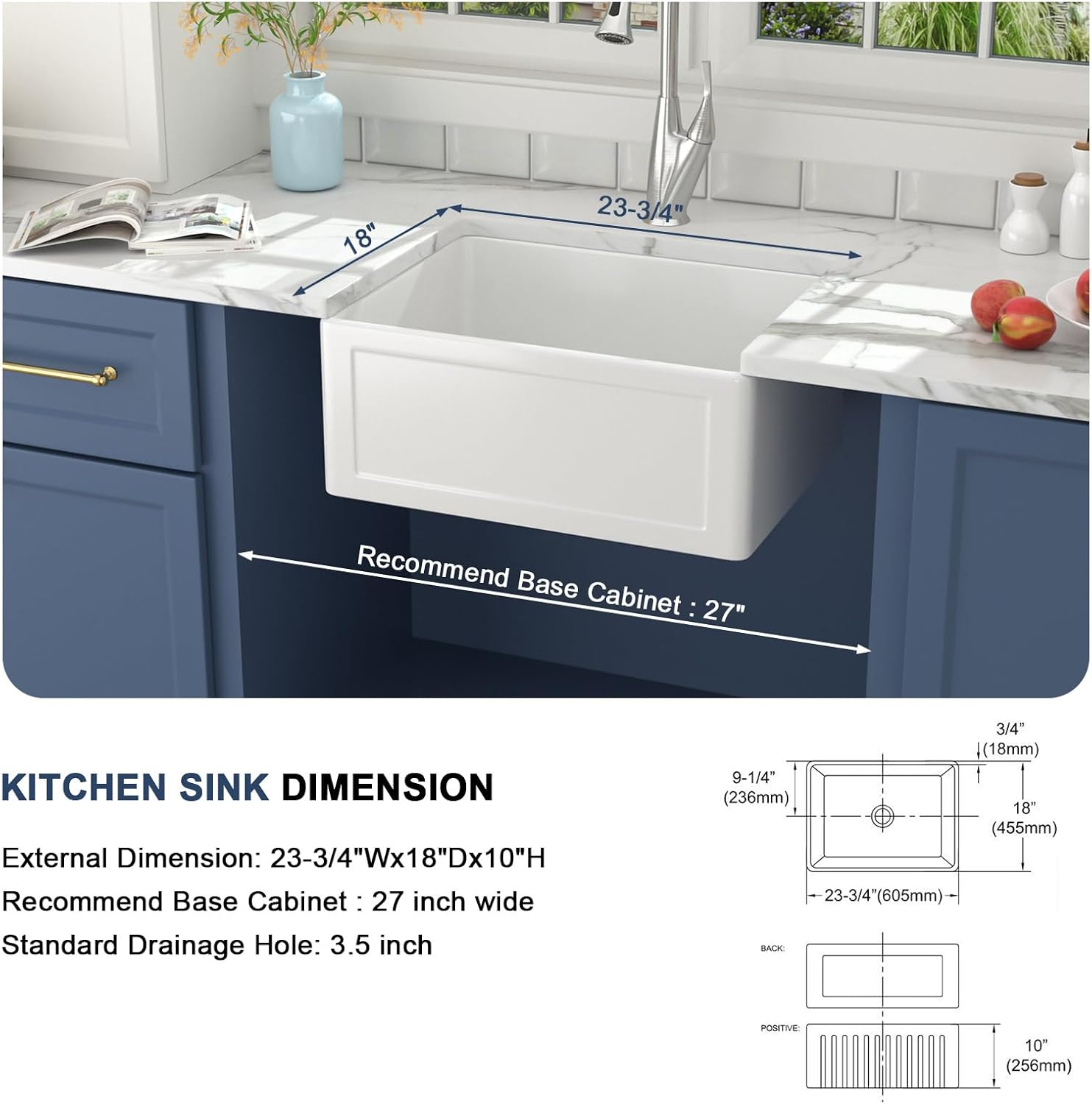 Lordear 24" x 18" White Ceramic Apron Front Single Bowl Farmhouse Kitchen Sink  from Lordear
