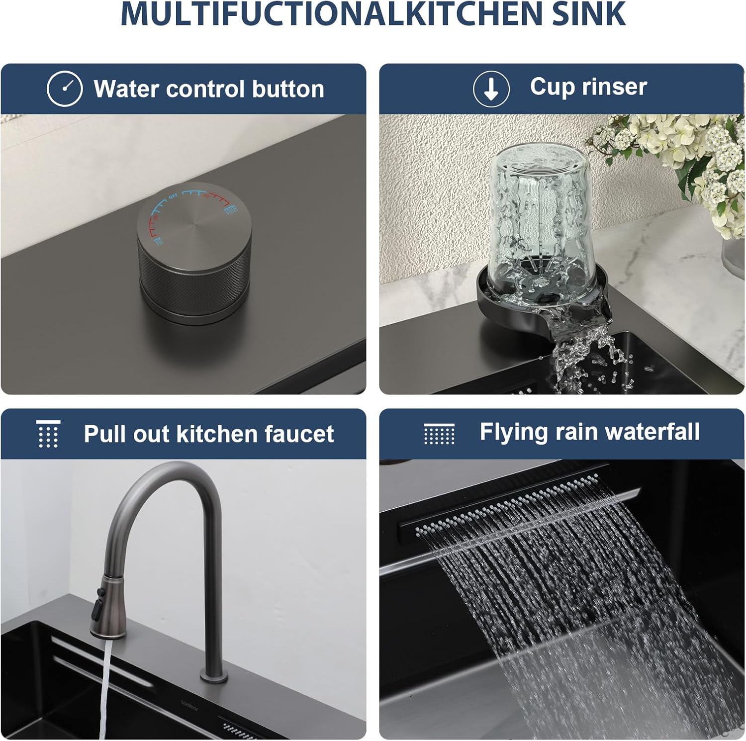 Lordear 31 Drop Kitchen Sink with Faucet Combo - 31''x20'' Waterfall Kitchen Sink Workstation Gunmetal 16 Gauge Single Bowl Topmount Handmade Sinks with Pull Out Faucet  from Lordear