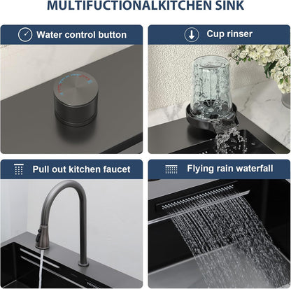 Lordear 31 Drop Kitchen Sink with Faucet Combo - 31''x20'' Waterfall Kitchen Sink Workstation Gunmetal 16 Gauge Single Bowl Topmount Handmade Sinks with Pull Out Faucet  from Lordear