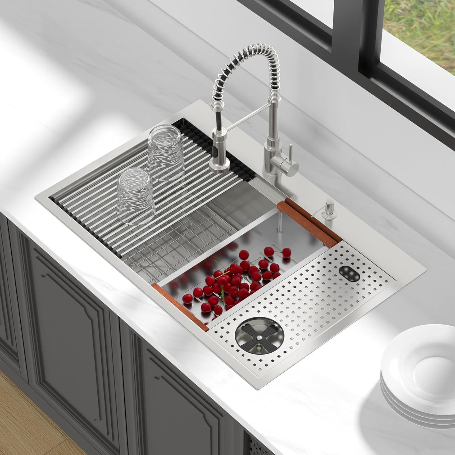Lordear 33" Stainless Steel Drop In Single Bowl Workstation Kitchen Sink with Glass Rinser  from Lordear