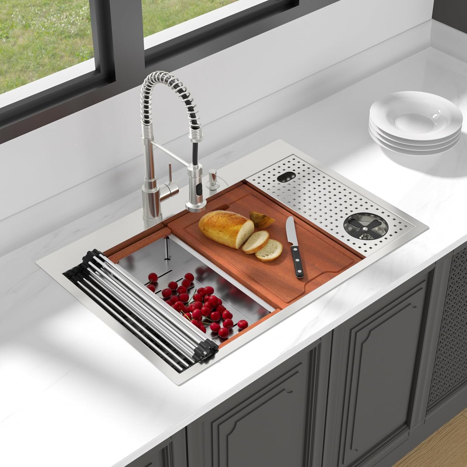 Lordear 33" Stainless Steel Drop In Single Bowl Workstation Kitchen Sink with Glass Rinser  from Lordear