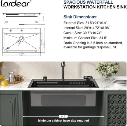 Lordear 31 Drop Kitchen Sink with Faucet Combo - 31''x20'' Waterfall Kitchen Sink Workstation Gunmetal 16 Gauge Single Bowl Topmount Handmade Sinks with Pull Out Faucet  from Lordear