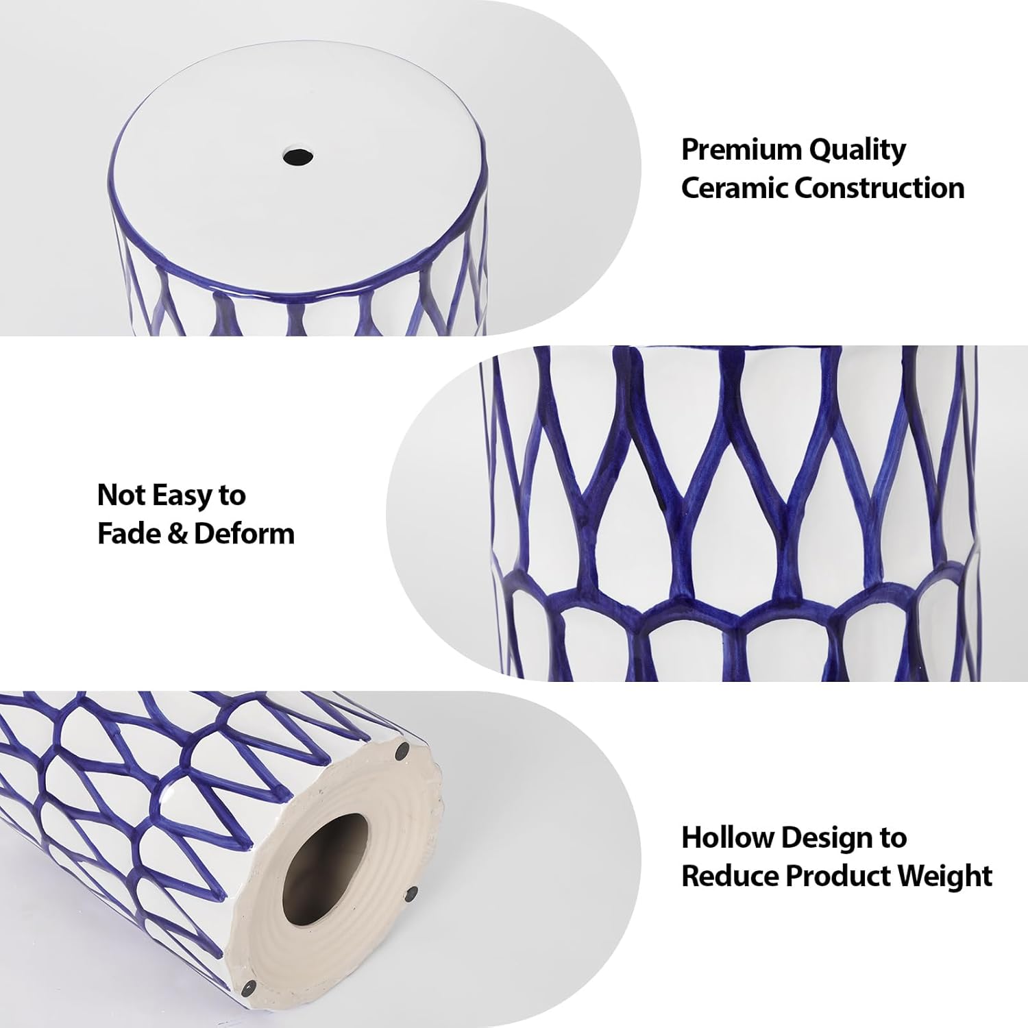 Lordear 17'' Ceramic Garden Stool Blue/White Drum Seat for Indoor Outdoor Patio, Spill-Proof Side Table, Plant Stand, Coastal Contemporary Decor  from Lordear
