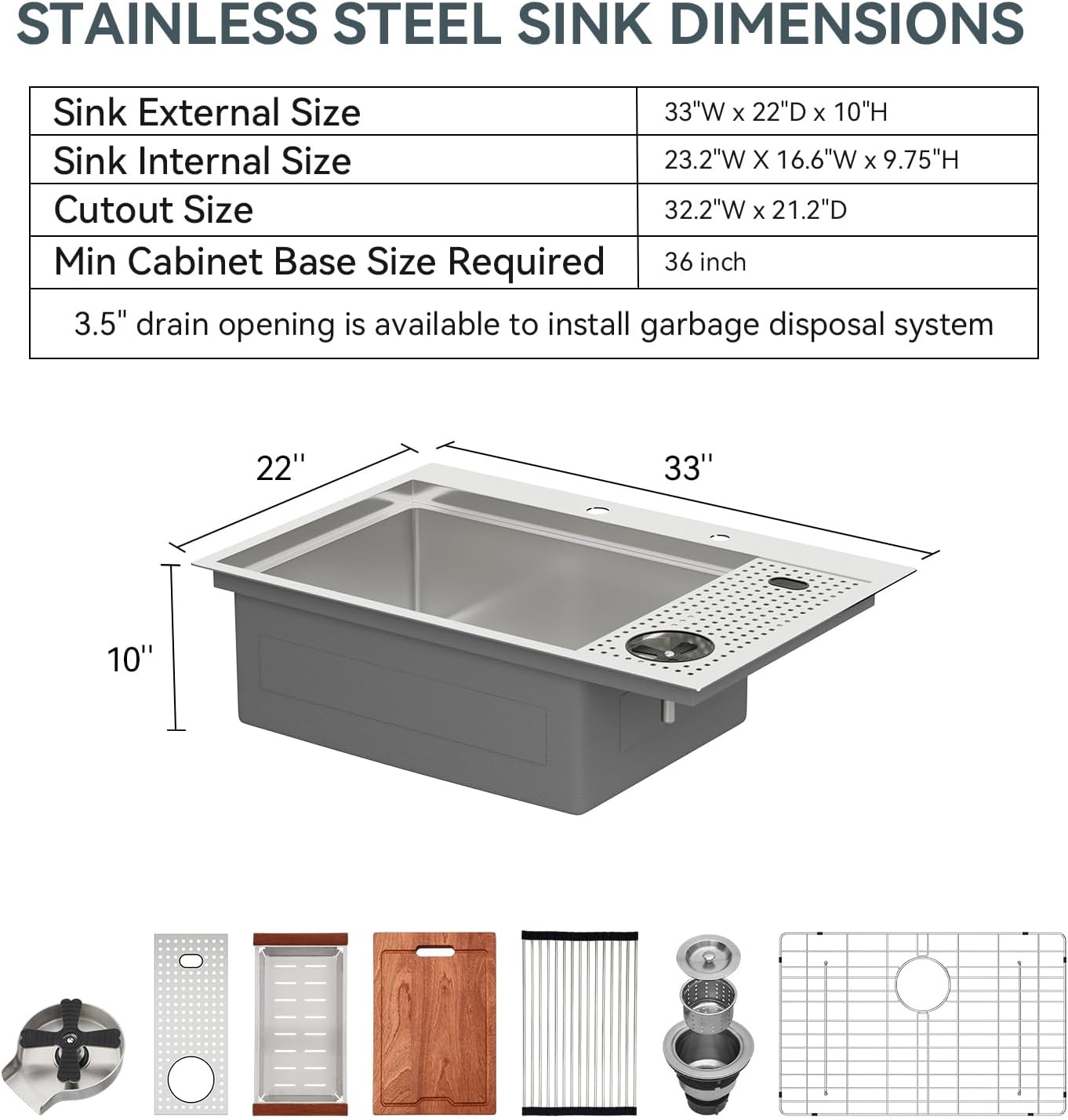 Lordear 33" Stainless Steel Drop In Single Bowl Workstation Kitchen Sink with Glass Rinser  from Lordear