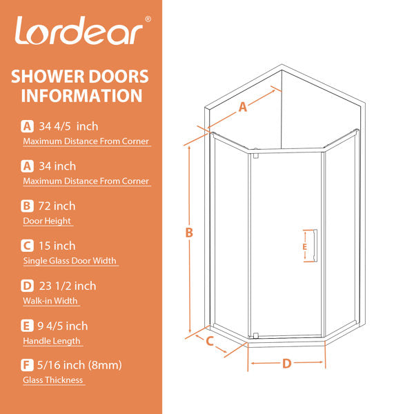 Lordear 72" Tempered Glass Frameless Corner Frame Shower Door  from Lordear