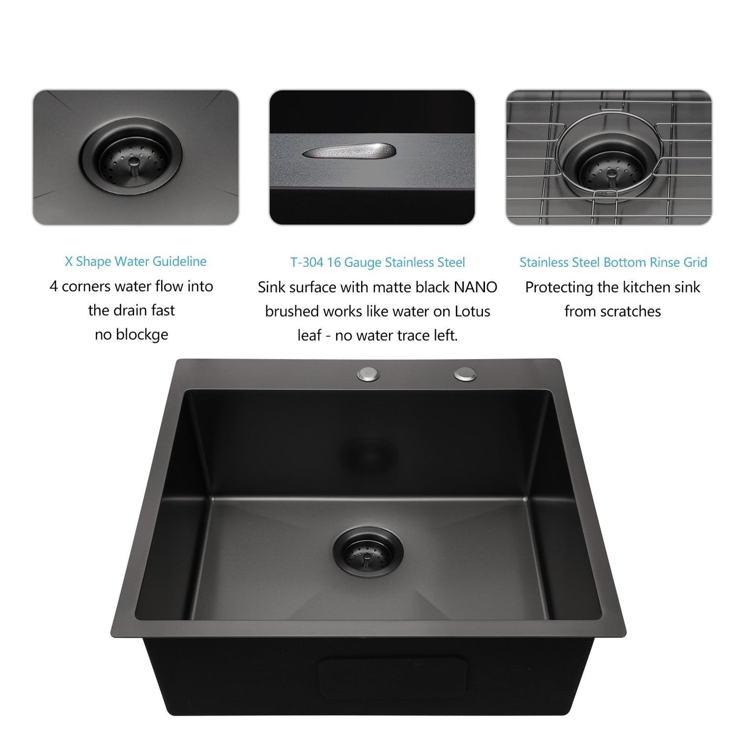 Lordear 25" x 22" Stainless Steel Drop In Gunmetal Black Single Bowl Kitchen Sink  from Lordear