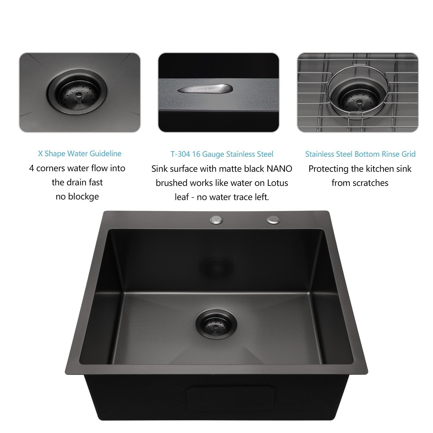 Lordear 25" x 22" Stainless Steel Drop In Gunmetal Black Single Bowl Kitchen Sink  from Lordear