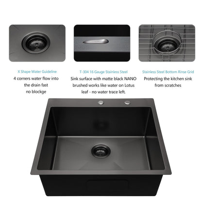 Lordear 25" x 22" Stainless Steel Drop In Gunmetal Black Single Bowl Kitchen Sink  from Lordear