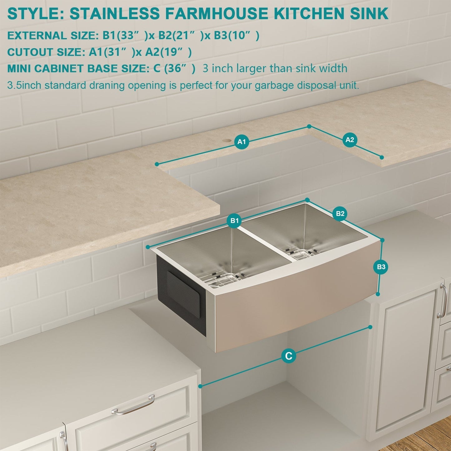 Lordear 33" Stainless Steel Double Bowl Apron Front Farmhouse Kitchen Sink  from Lordear