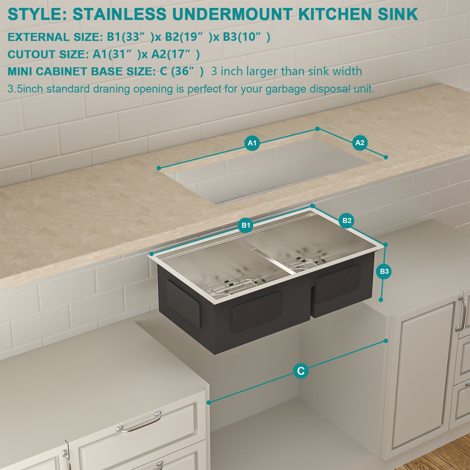 Lordear 33" Stainless Steel Double Bowl Undermount Low Divide Workstation Kitchen Sink  from Lordear