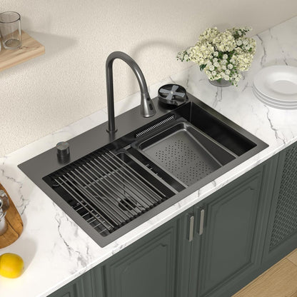 Lordear 31 Drop Kitchen Sink with Faucet Combo - 31''x20'' Waterfall Kitchen Sink Workstation Gunmetal 16 Gauge Single Bowl Topmount Handmade Sinks with Pull Out Faucet  from Lordear