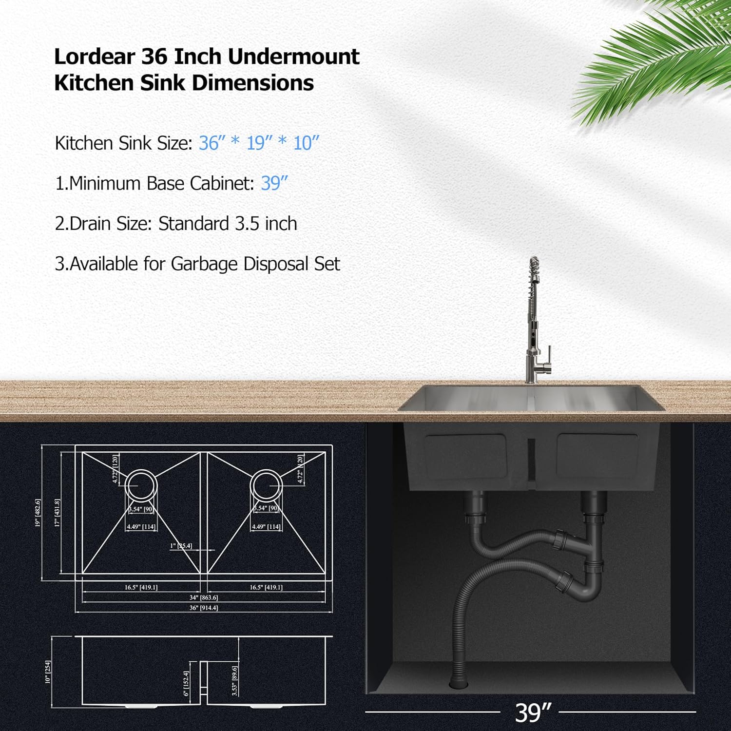 Lordear 36" Stainless Steel Undermount 50/50 Double Bowl Kitchen Sink  from Lordear