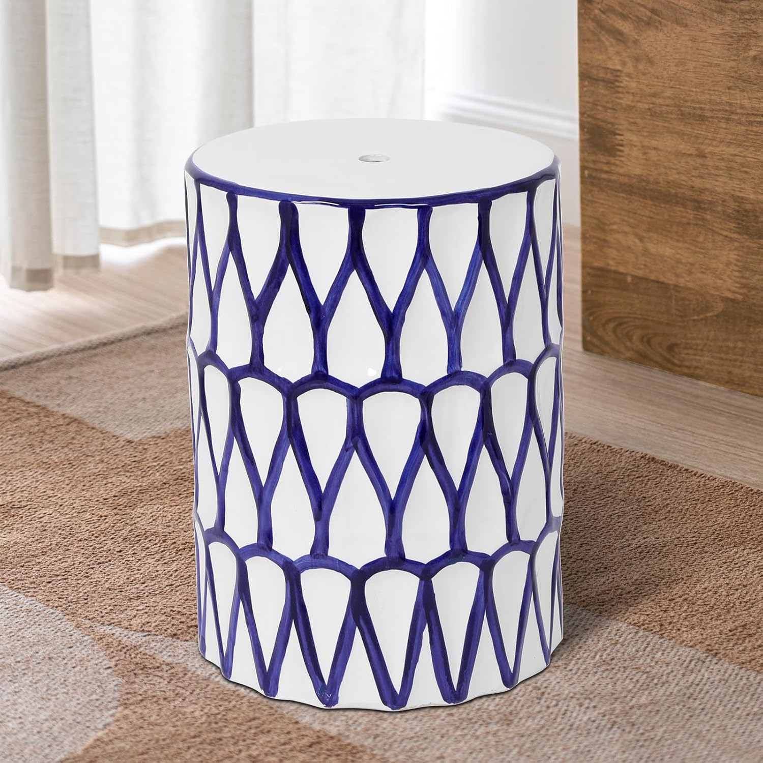 Lordear 17'' Ceramic Garden Stool Blue/White Drum Seat for Indoor Outdoor Patio, Spill-Proof Side Table, Plant Stand, Coastal Contemporary Decor  from Lordear
