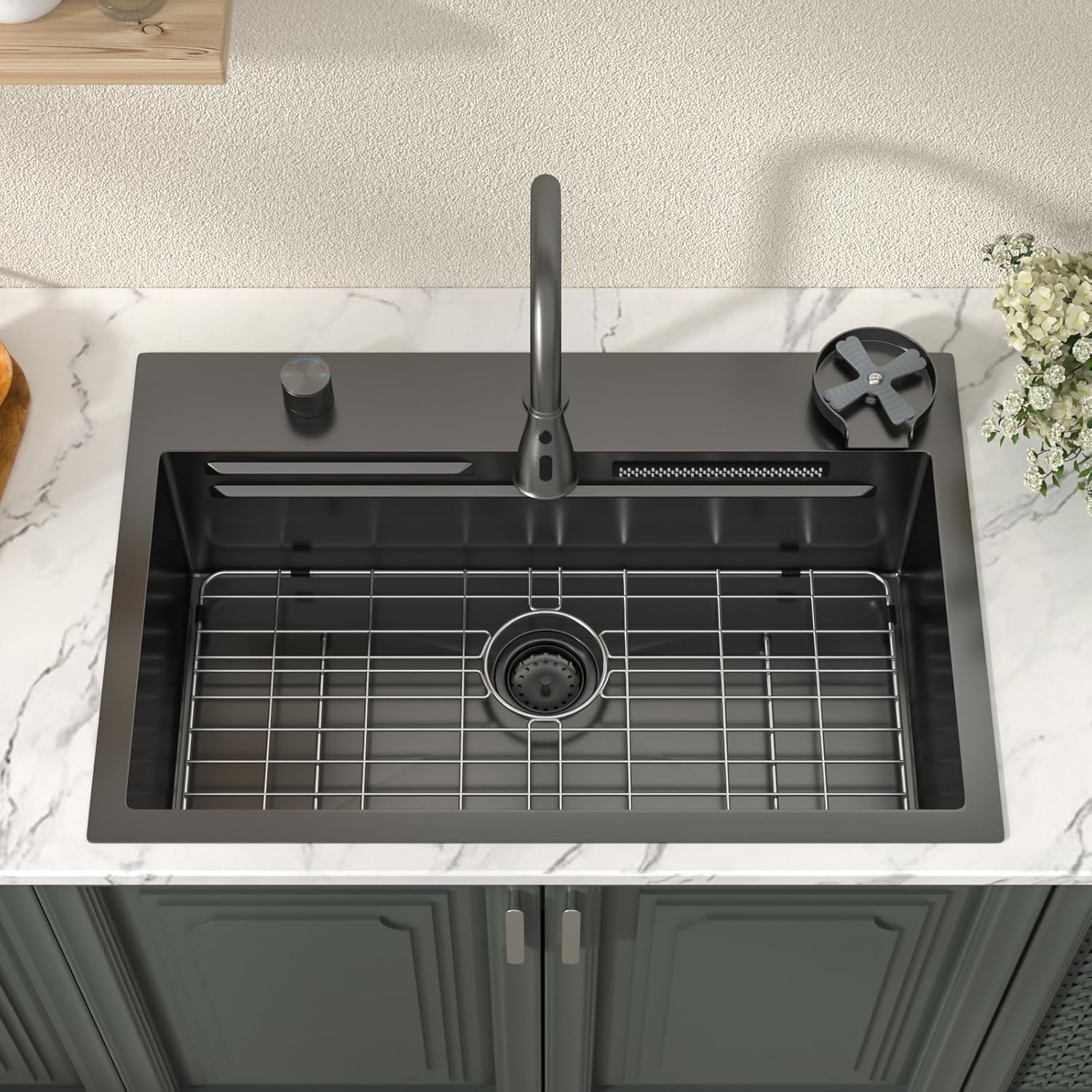 Lordear 31 Drop Kitchen Sink with Faucet Combo - 31''x20'' Waterfall Kitchen Sink Workstation Gunmetal 16 Gauge Single Bowl Topmount Handmade Sinks with Pull Out Faucet  from Lordear