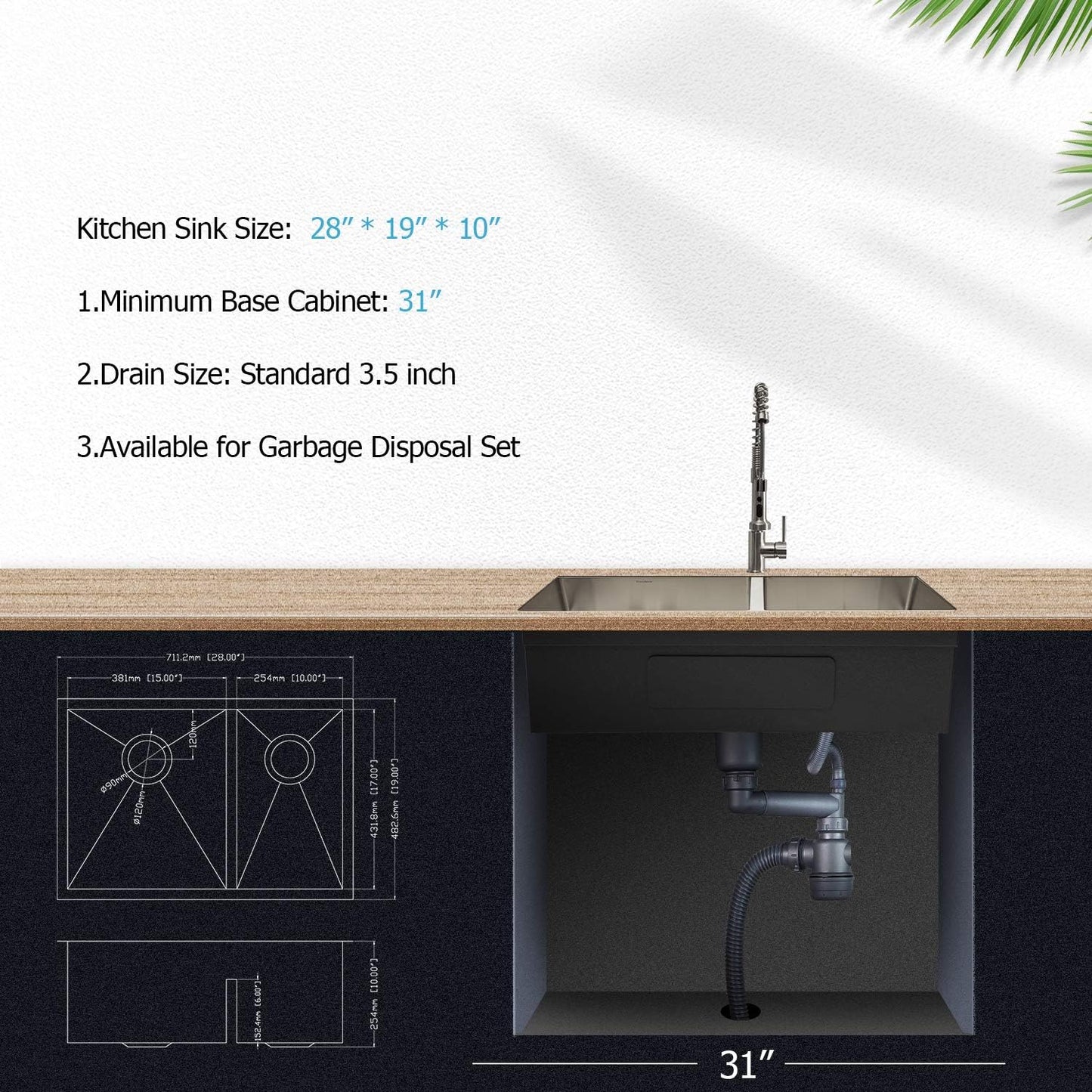 Lordear 28" Stainless Steel Double Bowl Undermount Low Divide Kitchen Sink  from Lordear