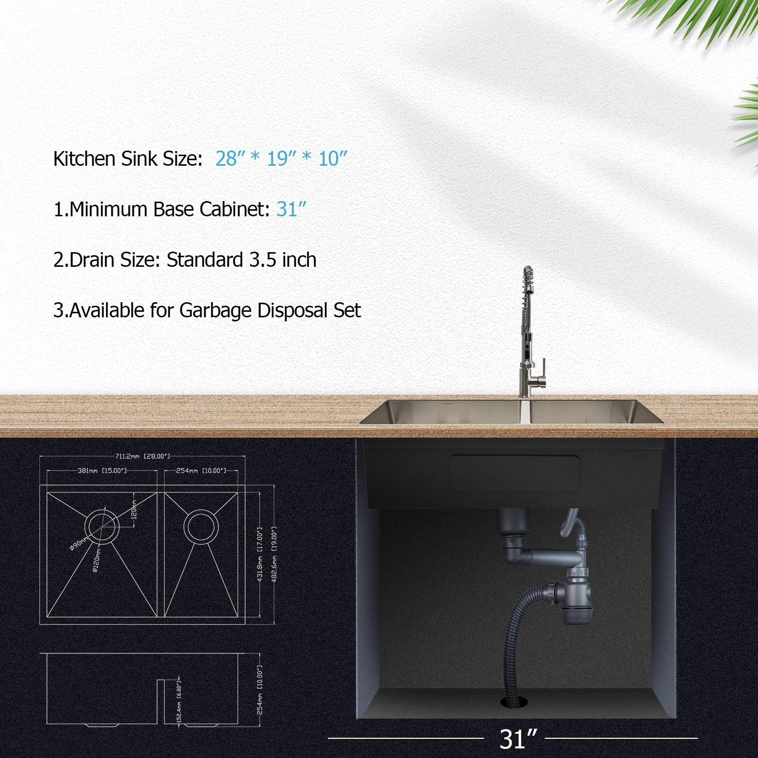 Lordear 28" Stainless Steel Double Bowl Undermount Low Divide Kitchen Sink  from Lordear