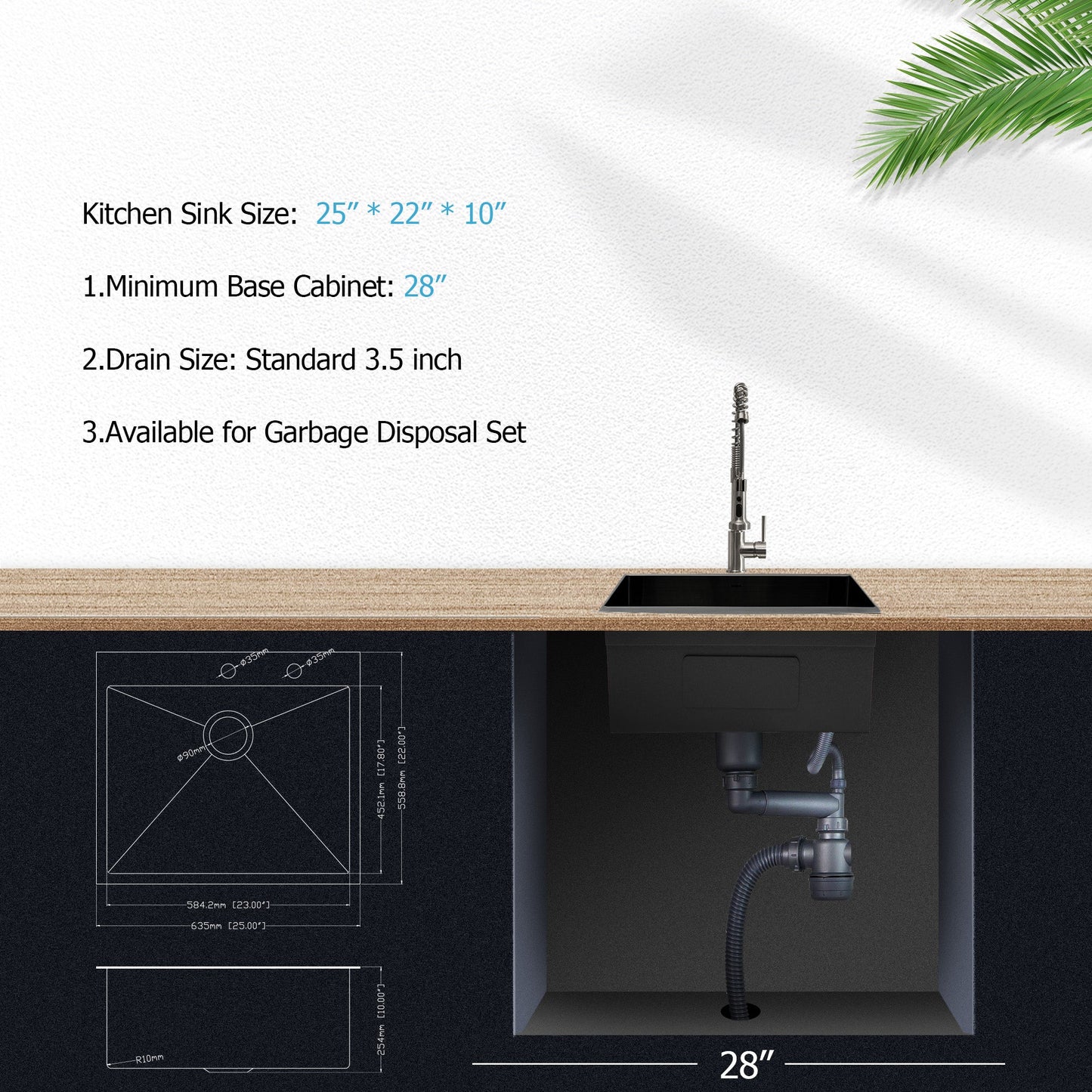 Lordear 25" x 22" Stainless Steel Drop In Gunmetal Black Single Bowl Kitchen Sink  from Lordear
