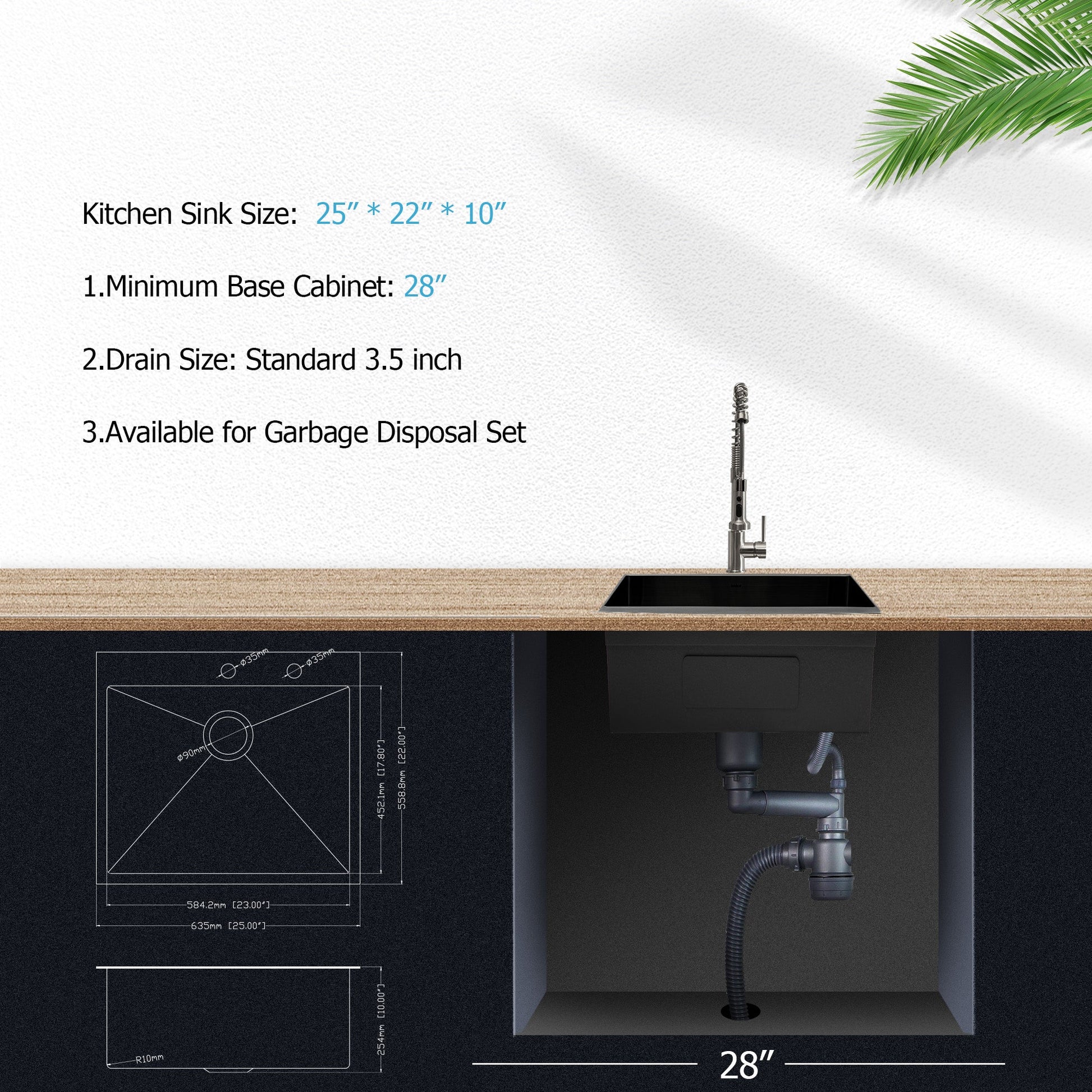 Lordear 25" x 22" Stainless Steel Drop In Gunmetal Black Single Bowl Kitchen Sink  from Lordear