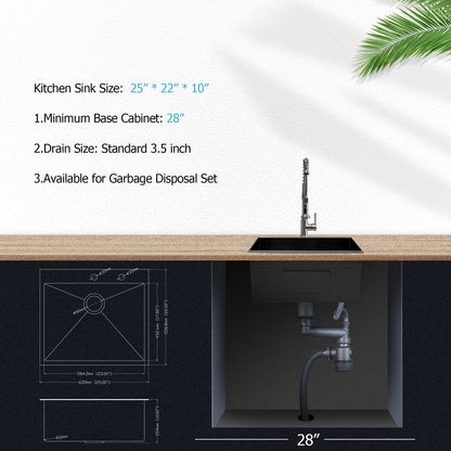 Lordear 25" x 22" Stainless Steel Drop In Gunmetal Black Single Bowl Kitchen Sink  from Lordear