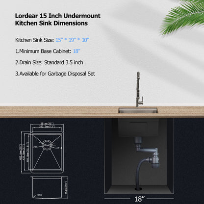 Lordear 15" Stainless Steel Undermount Single Bowl Workstation Bar Sink  from Lordear