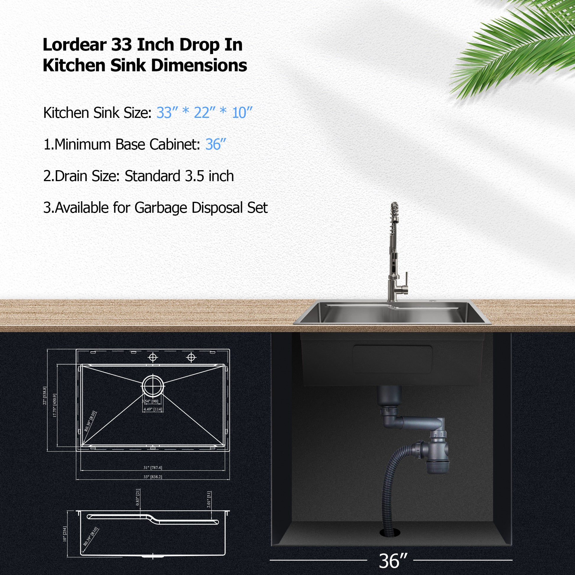 Lordear 33" x 19" Stainless Steel Drop In Single Bowl Worksation Kitchen Sink  from Lordear