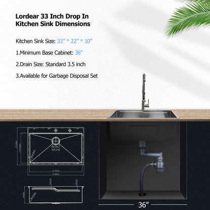 Lordear 33" x 19" Stainless Steel Drop In Single Bowl Worksation Kitchen Sink  from Lordear