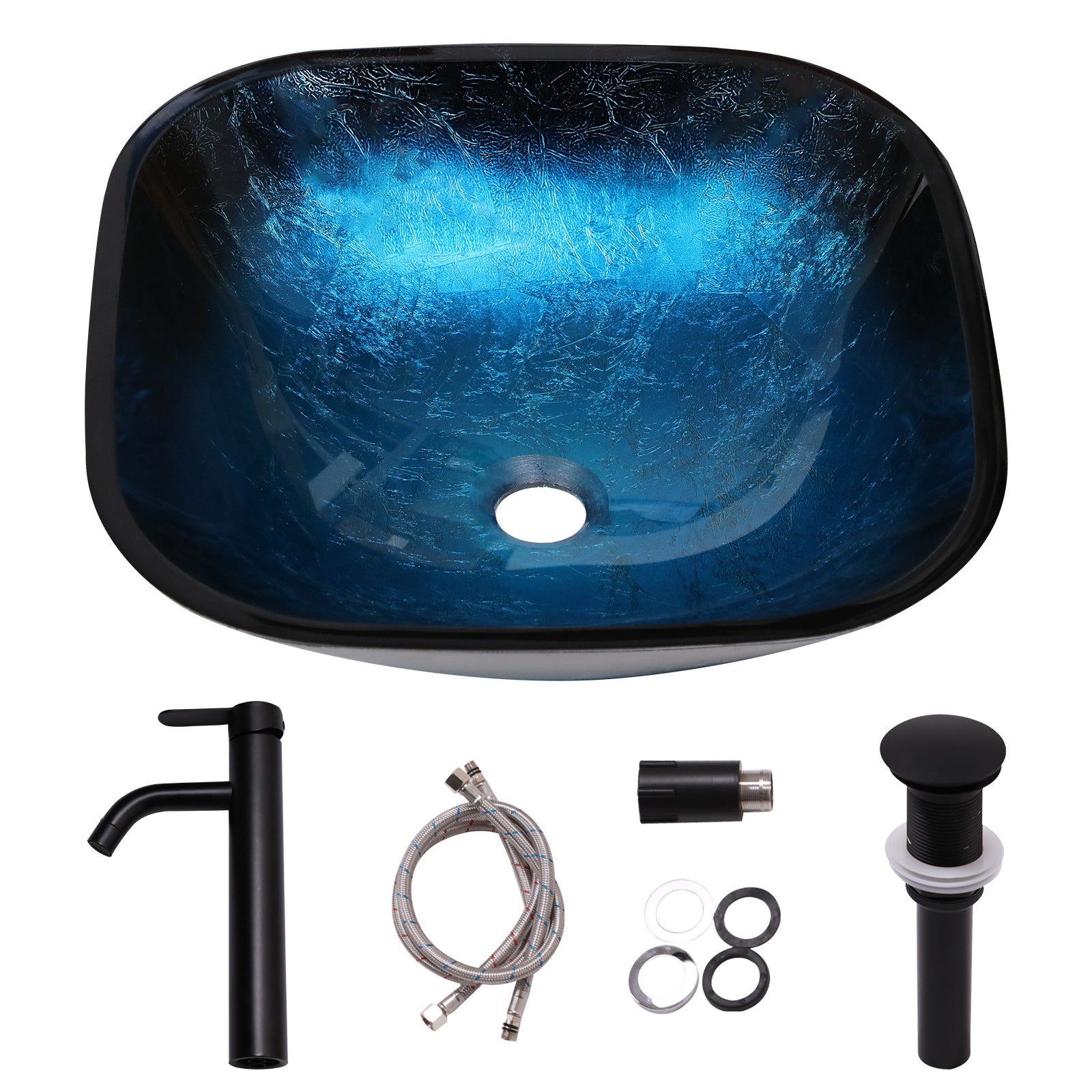 Lordear 16" L x 16" W Tempered Glass Blue Vessel Bathroom Sink with Pop-up Drain  from Lordear