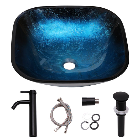 Lordear 16" L x 16" W Tempered Glass Blue Vessel Bathroom Sink with Pop-up Drain  from Lordear