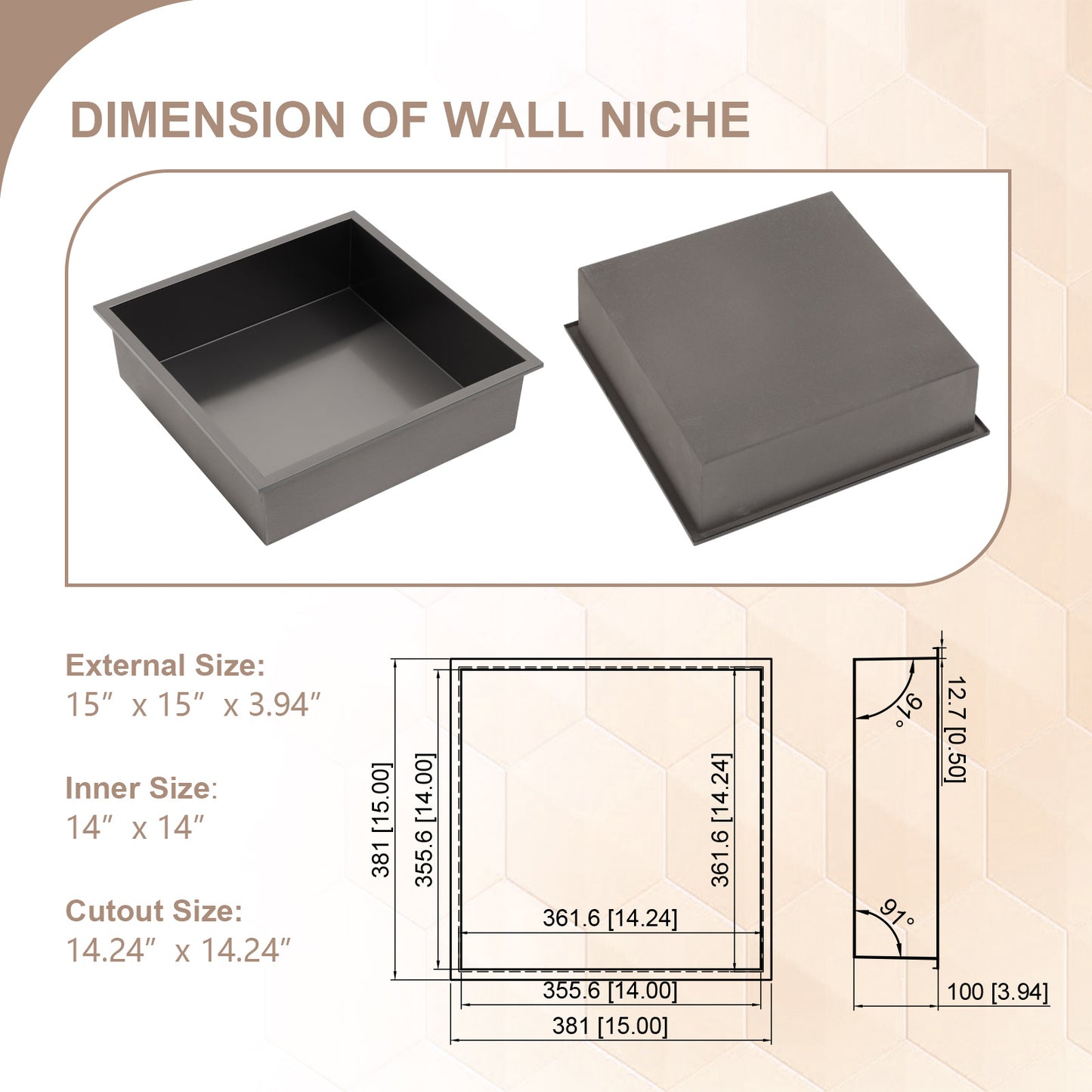 Lordear 14 x 14 Inch Stainless Steel Bathroom Niche Gunmetal Black Shower Wall Niche No Tile Recessed Square for Storage  from Lordear