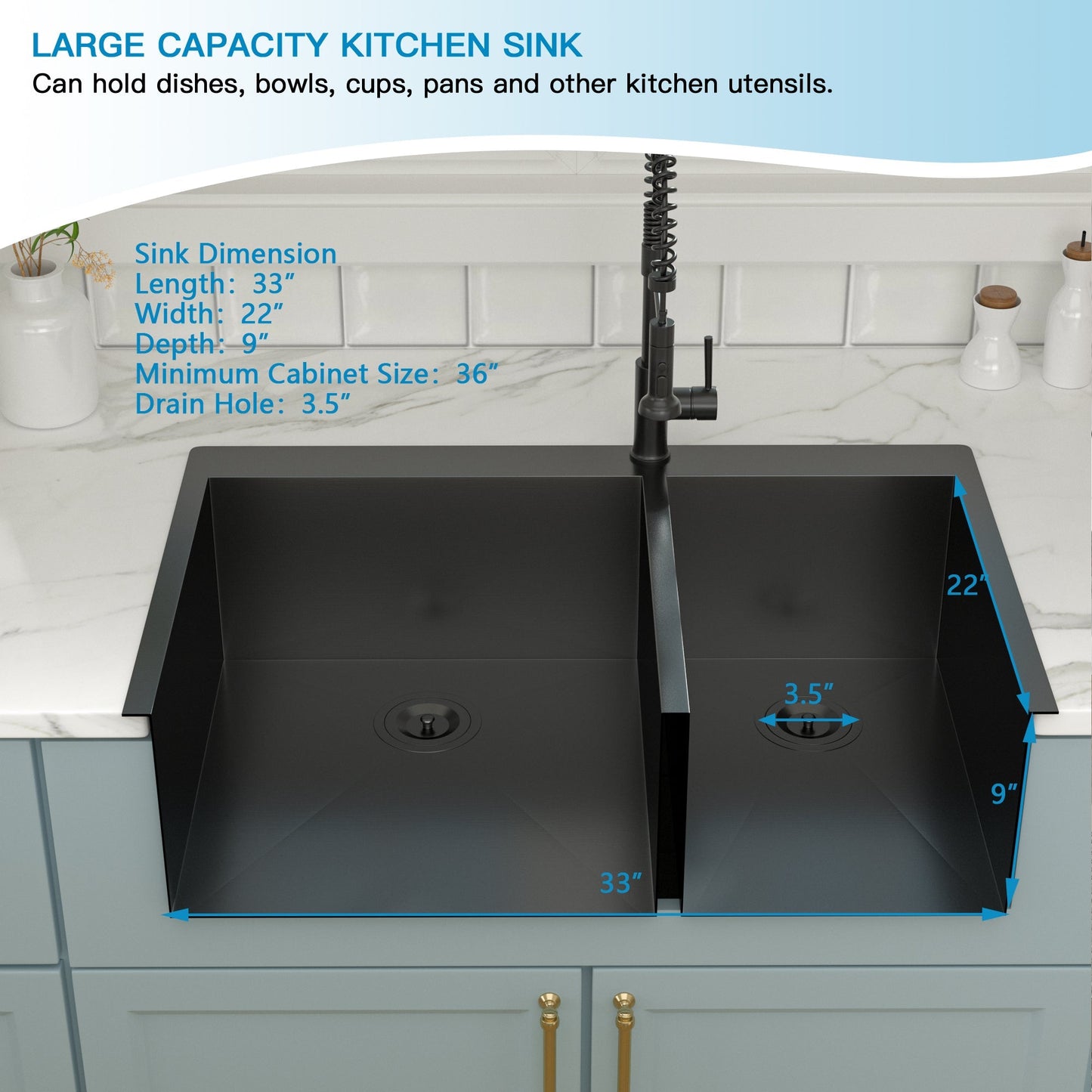 Lordear 33" x 22" Stainless Steel Black 60/40 Double Bowl Drop-In Kitchen Sink  from Lordear