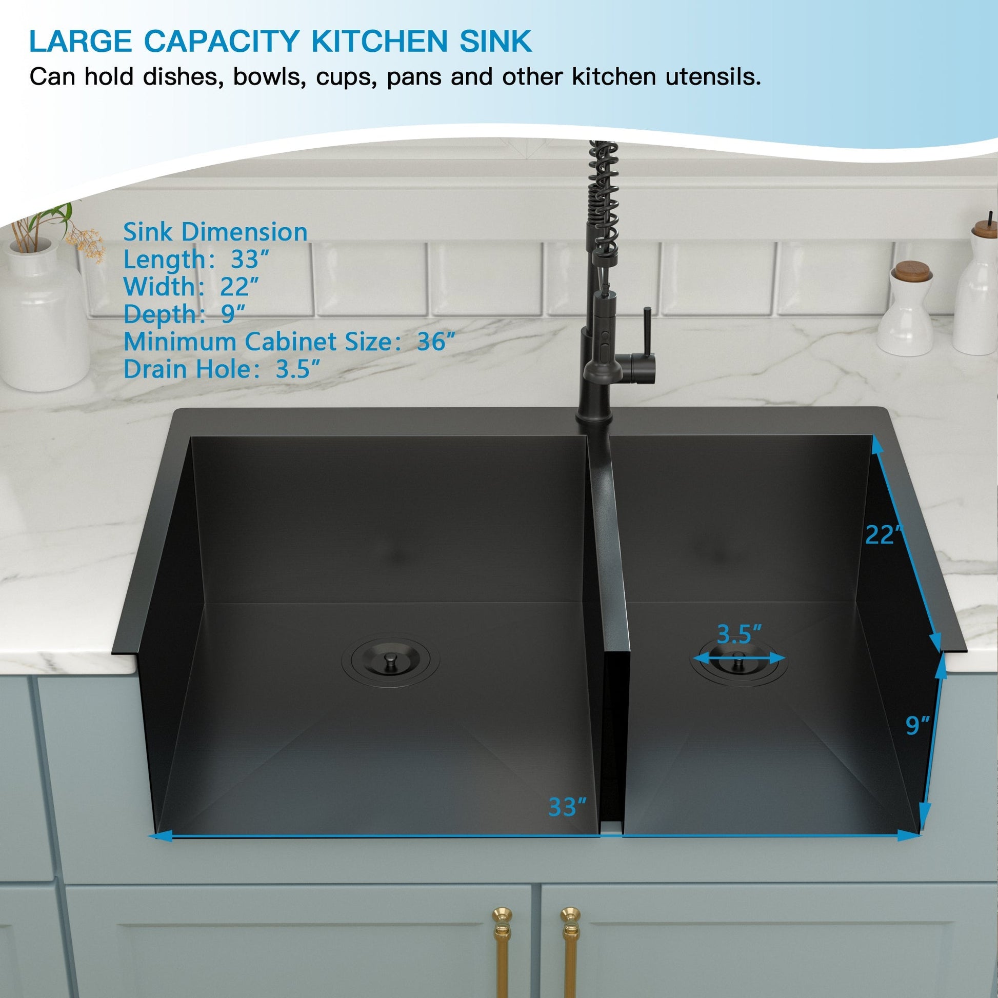 Lordear 33" x 22" Stainless Steel Black 60/40 Double Bowl Drop-In Kitchen Sink  from Lordear
