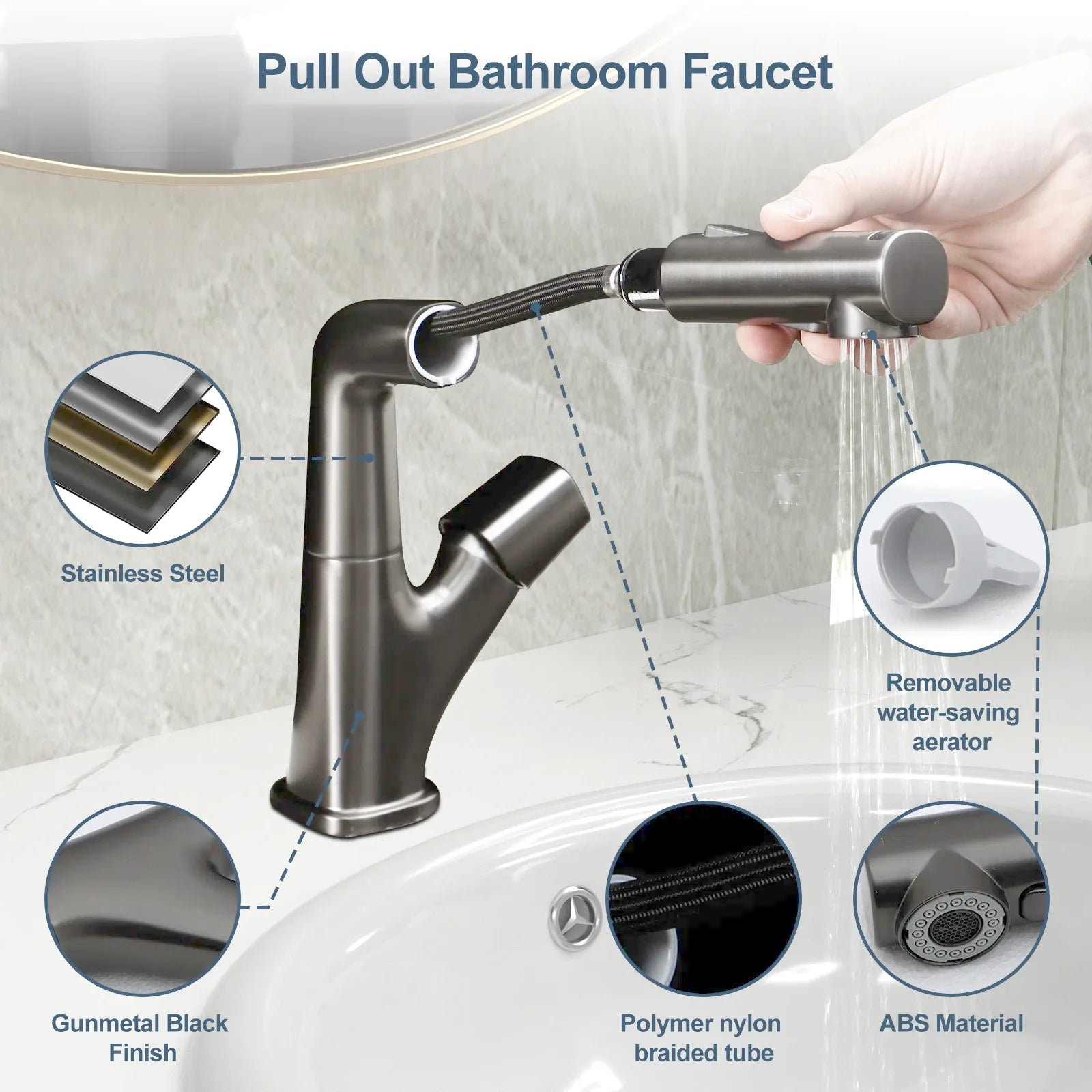 Bathroom Faucet with Pull Down Sprayer Stainless Steel Bathroom Pull Out Faucet with 3 Modes 360¡ã Rotating to Switch Mode-Gunmetal Black  from Lordear