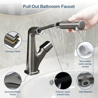 Bathroom Faucet with Pull Down Sprayer Stainless Steel Bathroom Pull Out Faucet with 3 Modes 360¡ã Rotating to Switch Mode-Gunmetal Black  from Lordear